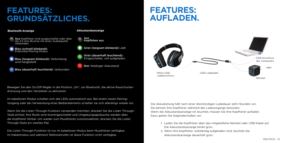 Features: aufladen, Features: grundsätzliches | Logitech 9000 User Manual | Page 11 / 29