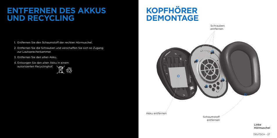 Entfernen des akkus und recycling, Kopfhörer demontage | Logitech 9000 User Manual | Page 14 / 29