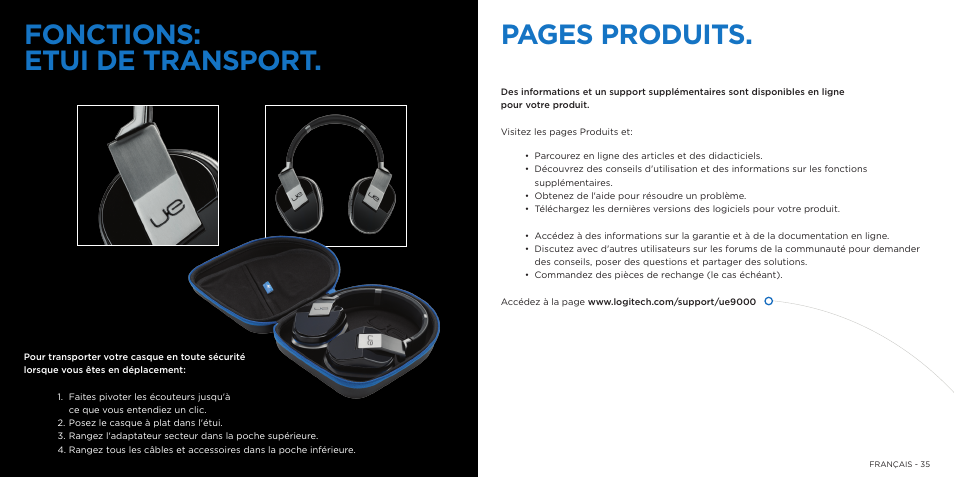 Pages produits, Fonctions: etui de transport | Logitech 9000 User Manual | Page 18 / 29