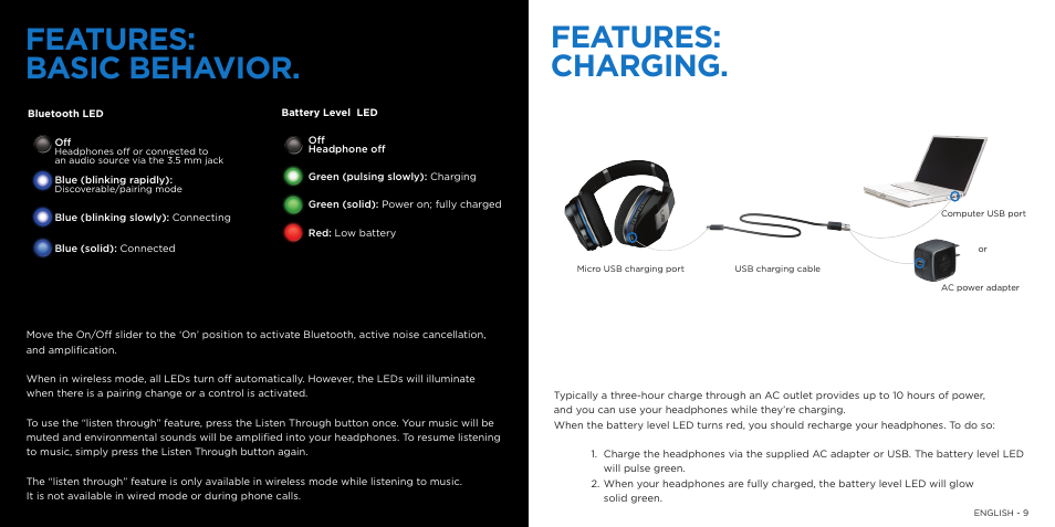 Features: basic behavior, Features: charging | Logitech 9000 User Manual | Page 5 / 29