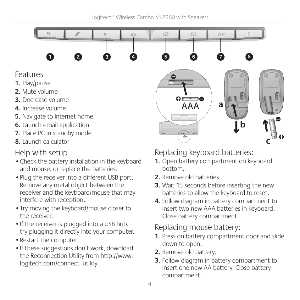 Features, Help with setup, Replacing keyboard batteries | Replacing mouse battery | Logitech Wireless Combo with Speakers MKZ260 User Manual | Page 4 / 9