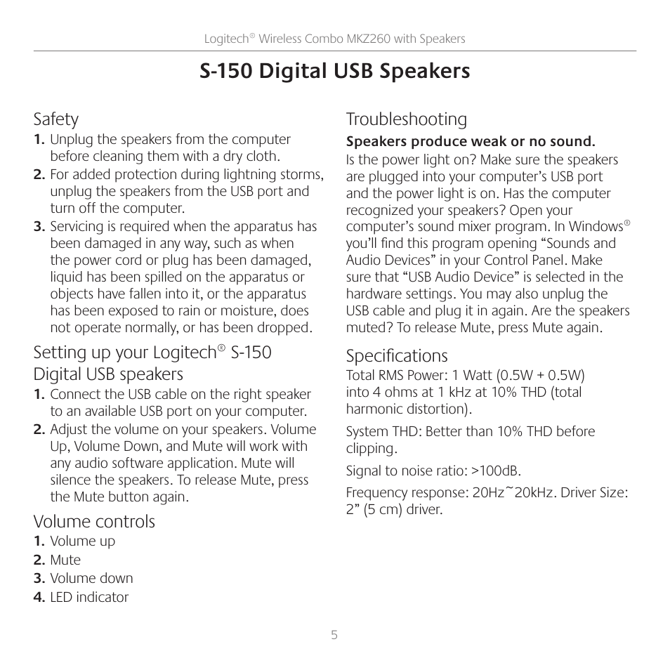 S-150 digital usb speakers, Safety, Volume controls | Troubleshooting, Specifications | Logitech Wireless Combo with Speakers MKZ260 User Manual | Page 5 / 9
