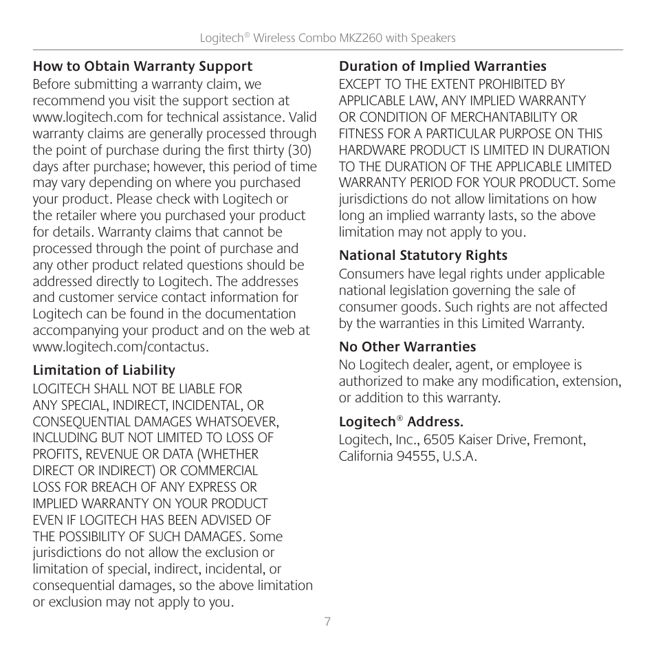 Logitech Wireless Combo with Speakers MKZ260 User Manual | Page 7 / 9
