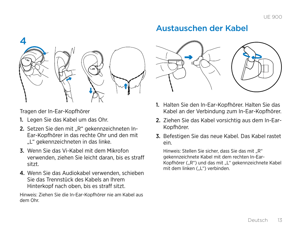 Austauschen der kabel | Logitech UE900 User Manual | Page 13 / 72