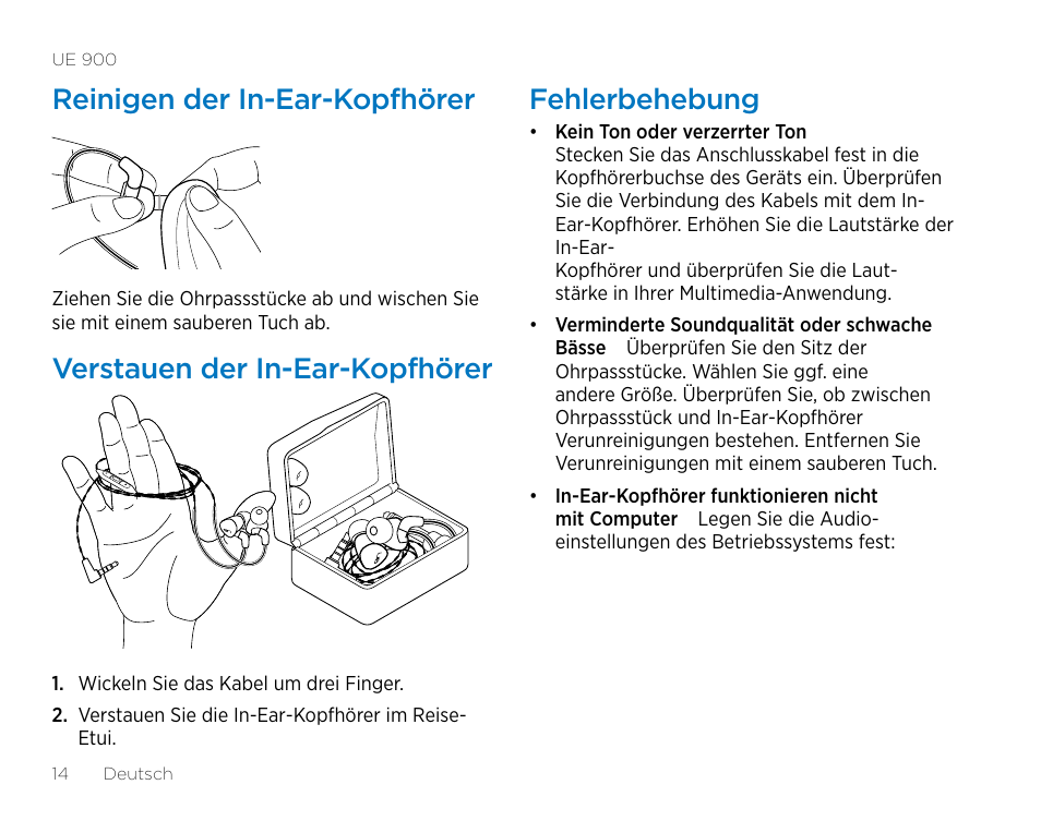 Reinigen der in-ear-kopfhörer, Verstauen der in-ear-kopfhörer, Fehlerbehebung | Logitech UE900 User Manual | Page 14 / 72