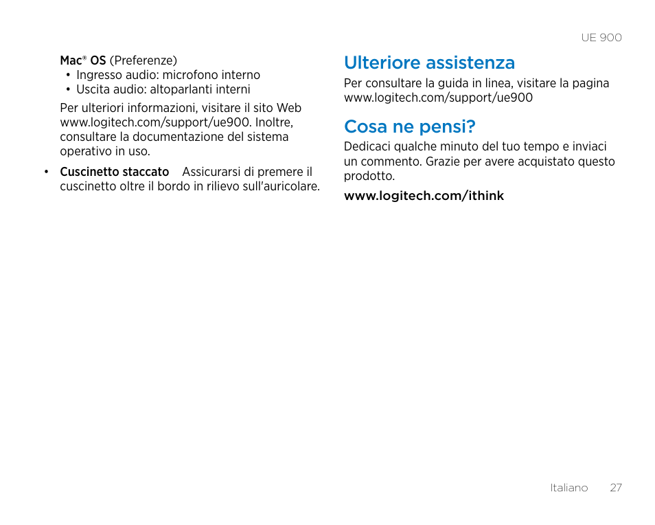 Ulteriore assistenza, Cosa ne pensi | Logitech UE900 User Manual | Page 27 / 72