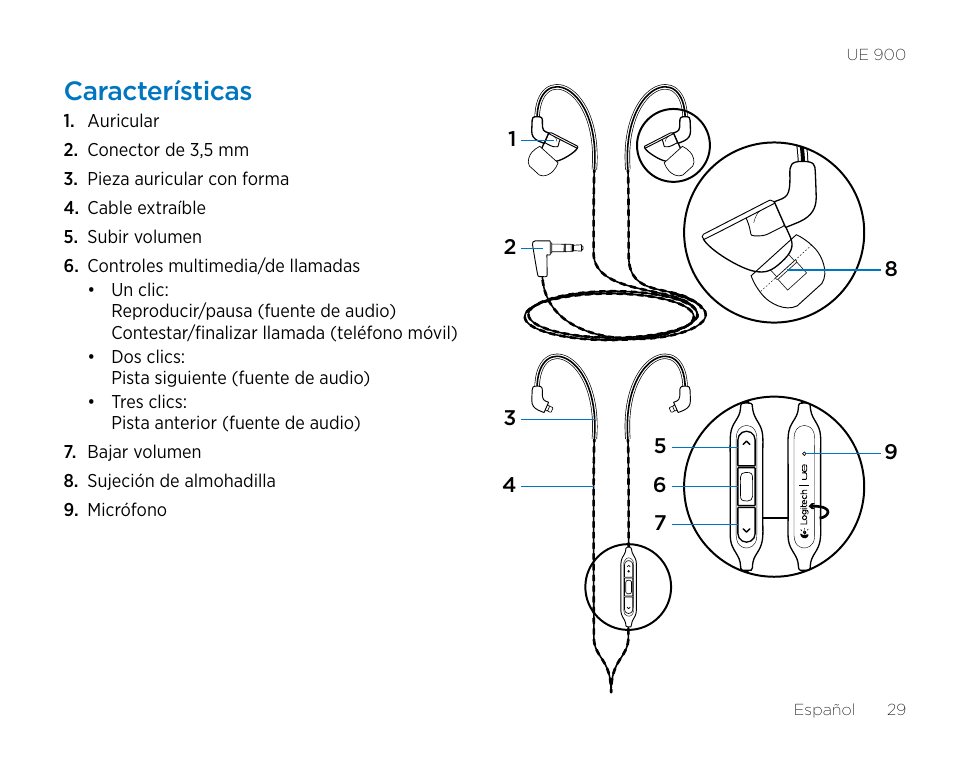 Características | Logitech UE900 User Manual | Page 29 / 72