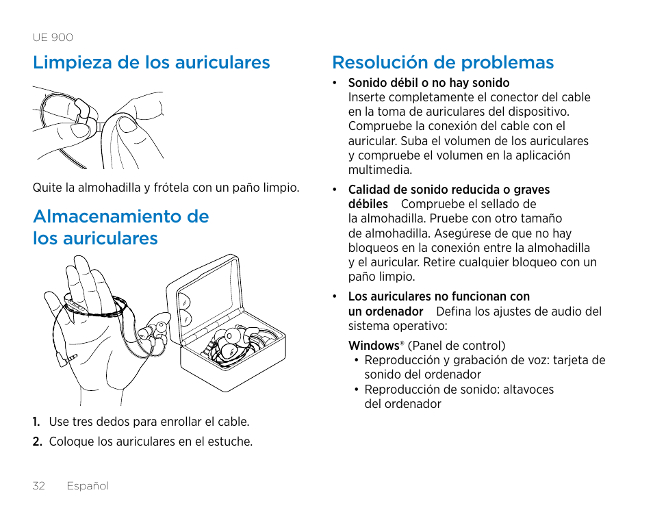 Limpieza de los auriculares, Almacenamiento de los auriculares, Resolución de problemas | Logitech UE900 User Manual | Page 32 / 72