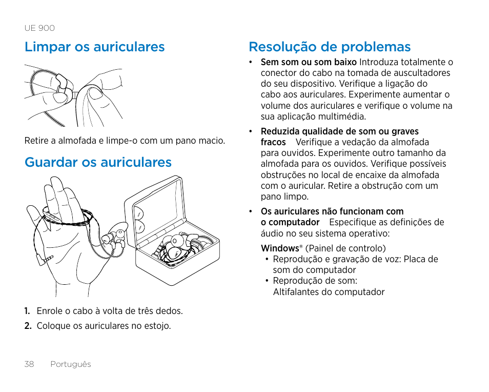Limpar os auriculares, Guardar os auriculares, Resolução de problemas | Logitech UE900 User Manual | Page 38 / 72