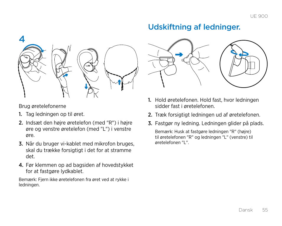 Udskiftning af ledninger | Logitech UE900 User Manual | Page 55 / 72