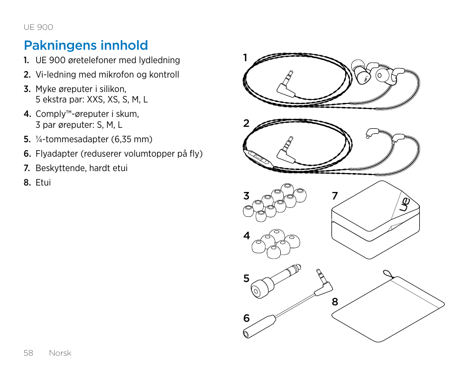 Pakningens innhold | Logitech UE900 User Manual | Page 58 / 72