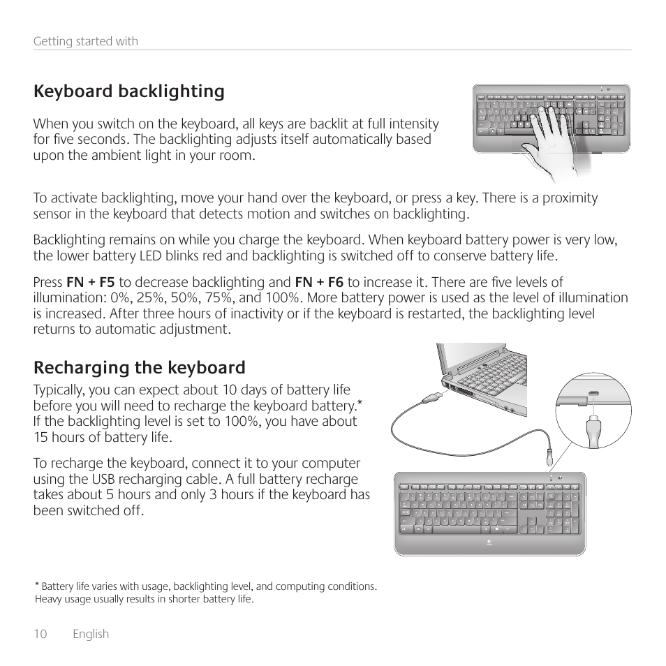 Keyboard backlighting, Recharging the keyboard | Logitech Wireless Keyboard K800 User Manual | Page 10 / 32