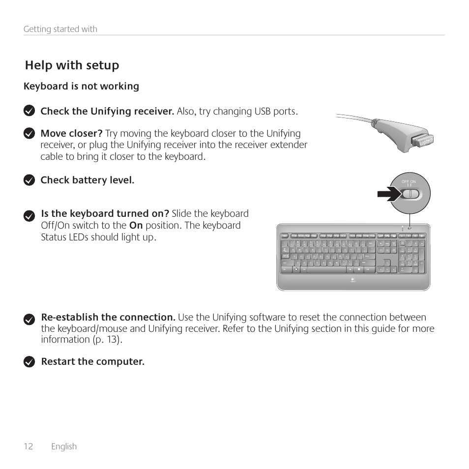 Help with setup | Logitech Wireless Keyboard K800 User Manual | Page 12 / 32