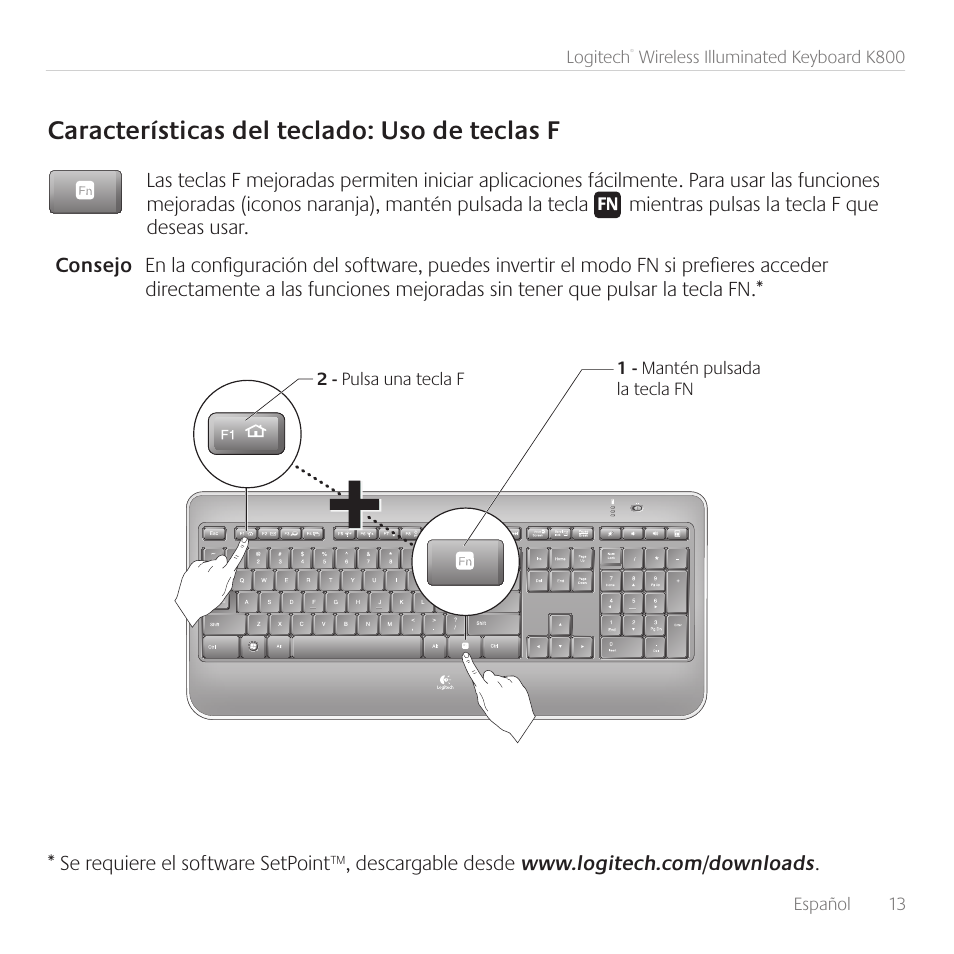 Características del teclado: uso de teclas f | Logitech Wireless Keyboard K800 User Manual | Page 13 / 32