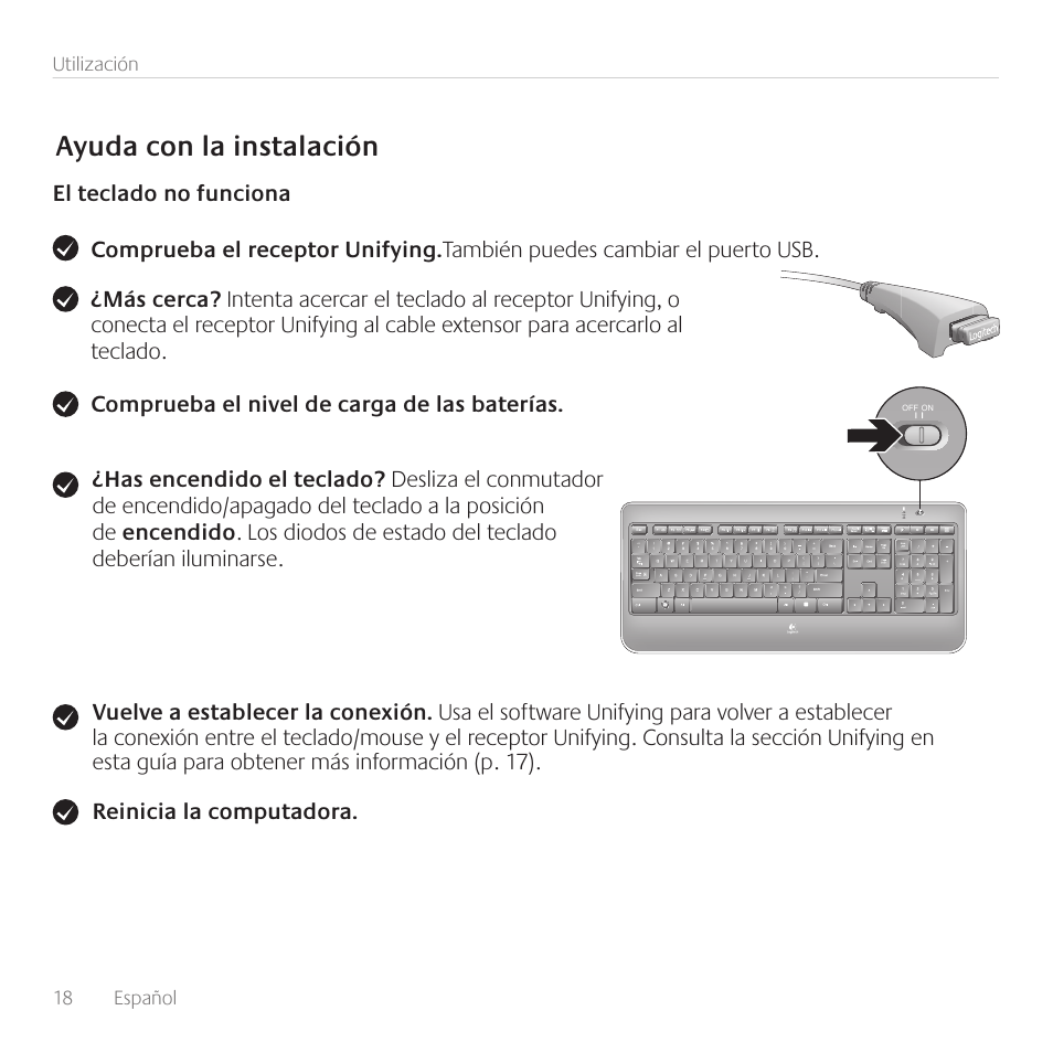 Ayuda con la instalación | Logitech Wireless Keyboard K800 User Manual | Page 18 / 32