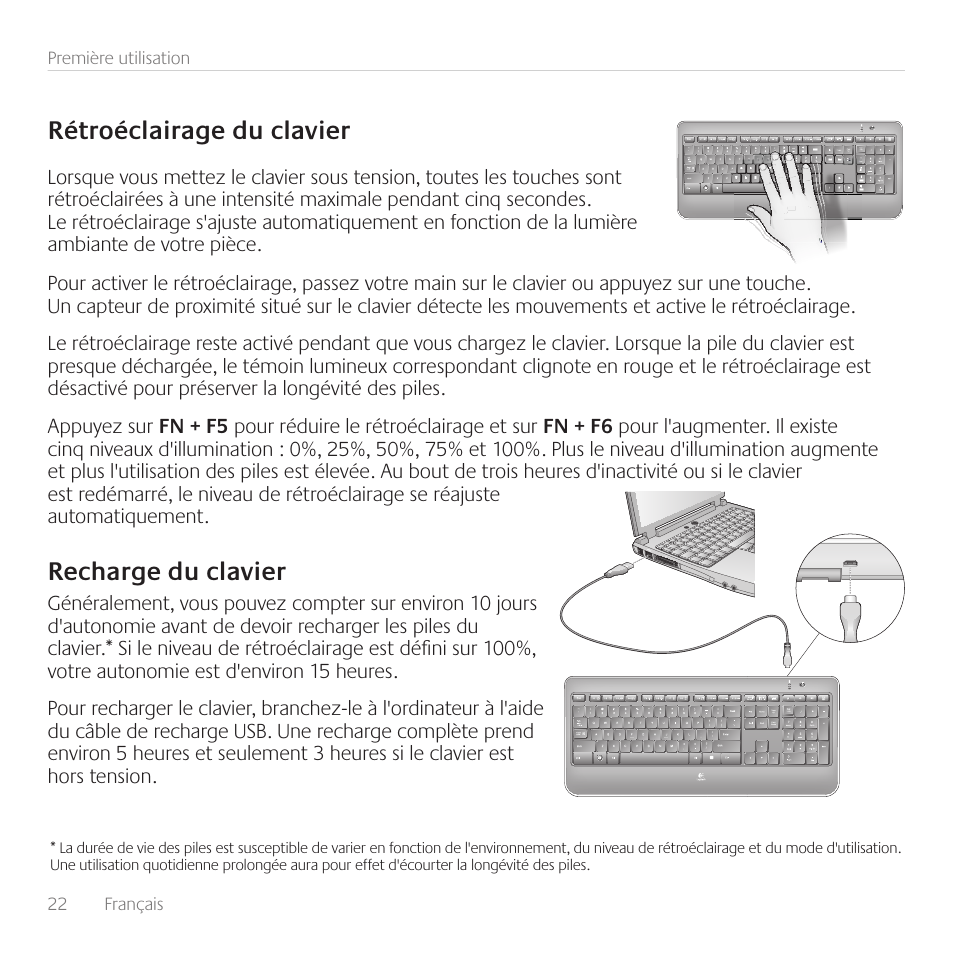 Rétroéclairage du clavier, Recharge du clavier | Logitech Wireless Keyboard K800 User Manual | Page 22 / 32