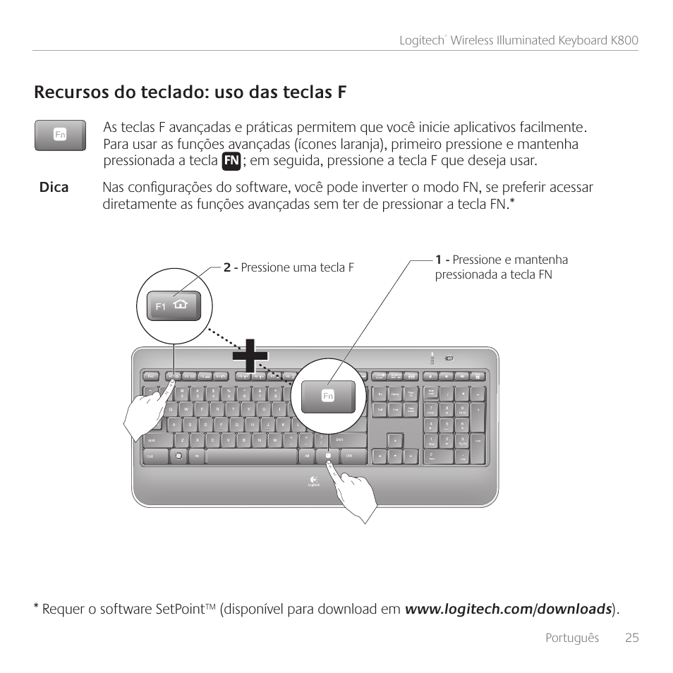 Recursos do teclado: uso das teclas f | Logitech Wireless Keyboard K800 User Manual | Page 25 / 32