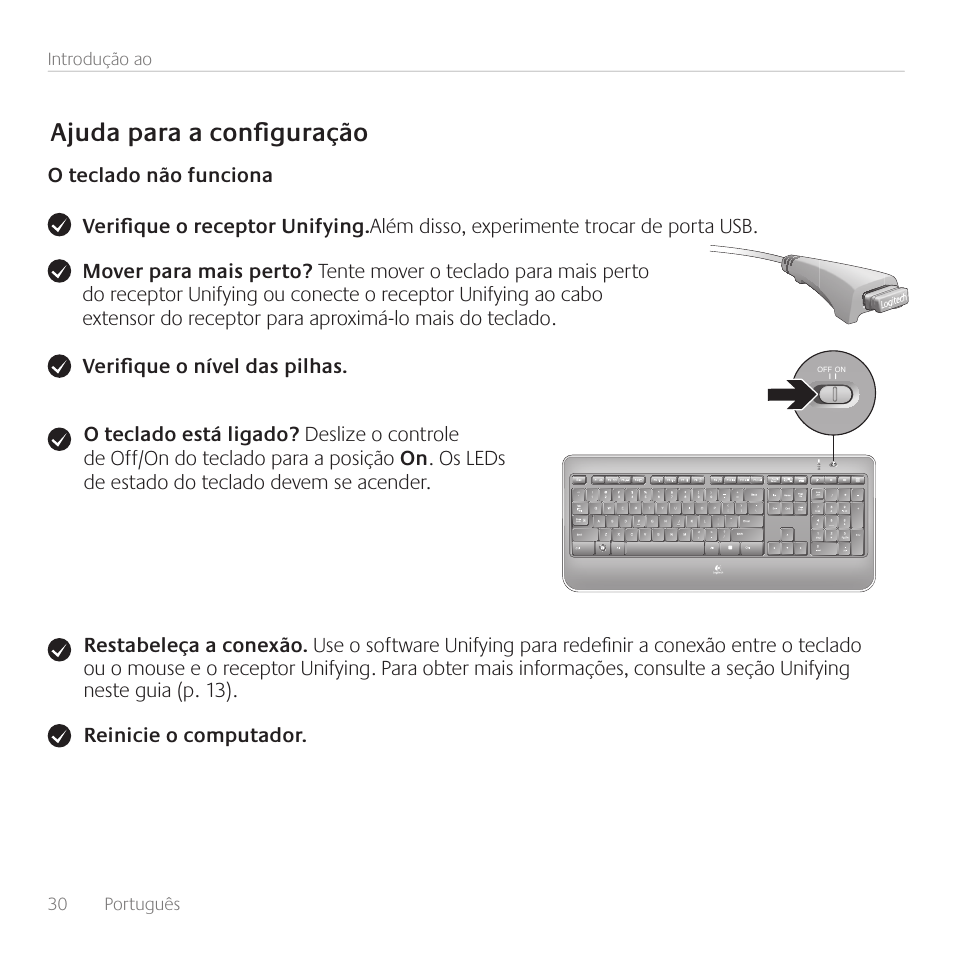 Ajuda para a conﬁ guração | Logitech Wireless Keyboard K800 User Manual | Page 30 / 32