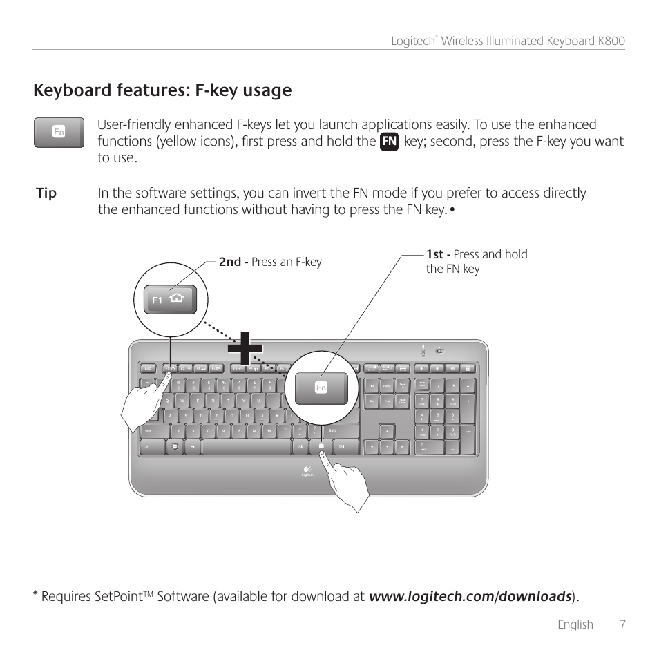 Keyboard features: f-key usage | Logitech Wireless Keyboard K800 User Manual | Page 7 / 32