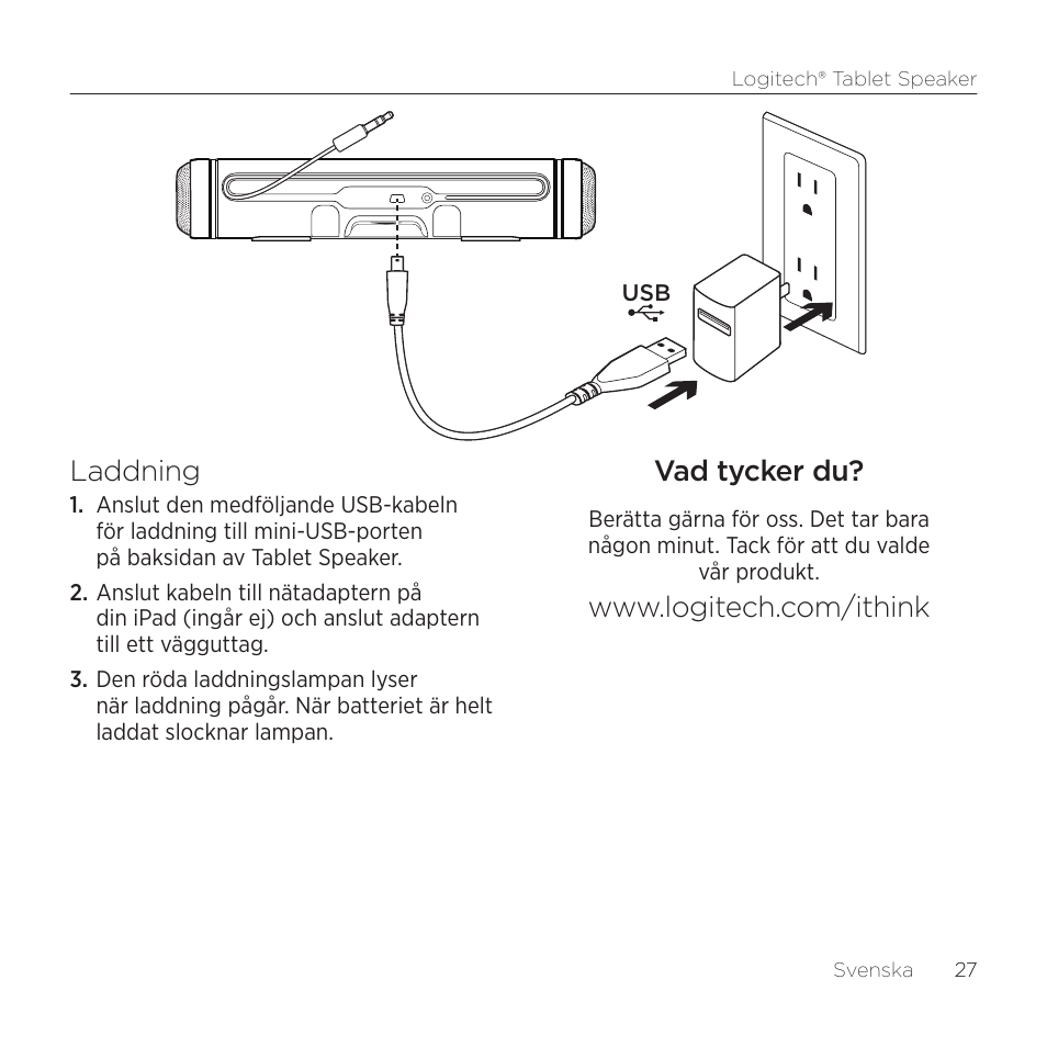 Laddning, Vad tycker du | Logitech Tablet 984-000193 User Manual | Page 27 / 64