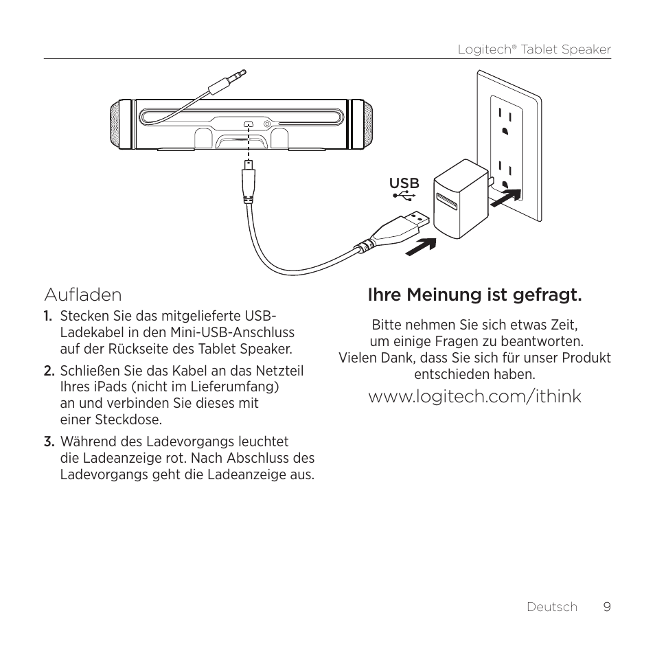 Aufladen, Ihre meinung ist gefragt | Logitech Tablet 984-000193 User Manual | Page 9 / 64