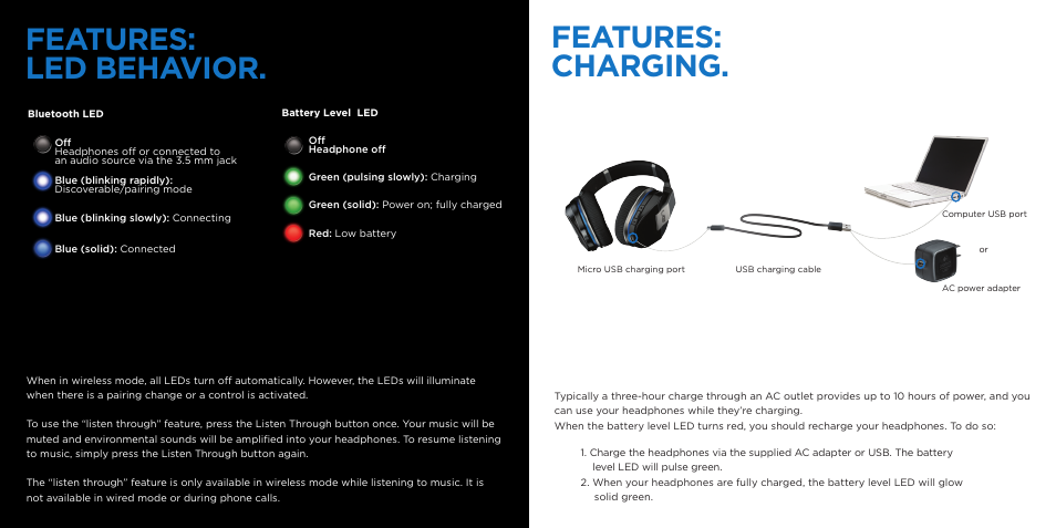 Features: led behavior. features: charging | Logitech Wireless 9000 User Manual | Page 4 / 9