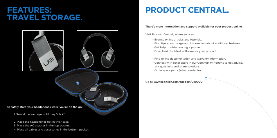 Features: travel storage. product central | Logitech Wireless 9000 User Manual | Page 5 / 9
