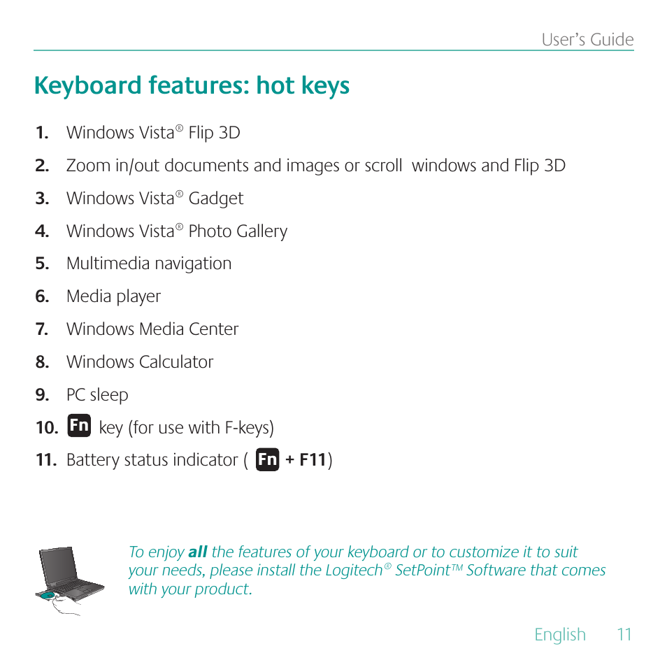 Keyboard features: hot keys | Logitech Cordless Desktop Wave Pro Ergonomic Keyboard and Mouse 920-000919 User Manual | Page 11 / 28