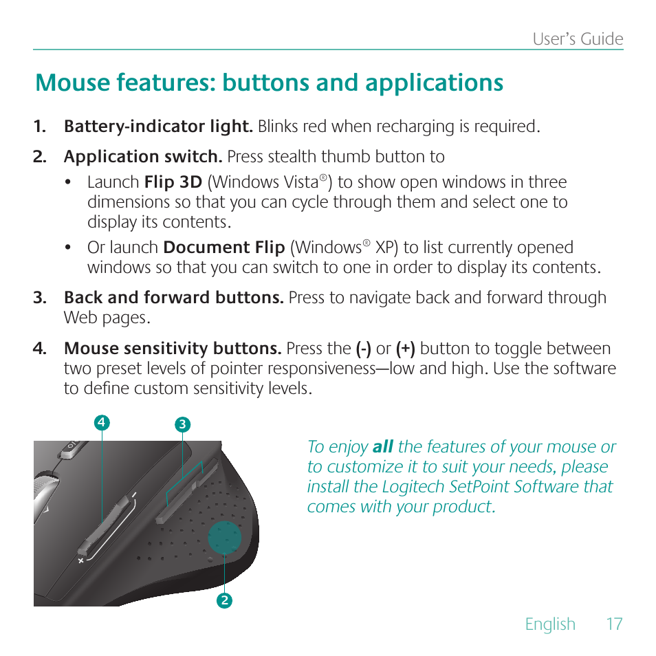 Mouse features: buttons and applications | Logitech Cordless Desktop Wave Pro Ergonomic Keyboard and Mouse 920-000919 User Manual | Page 17 / 28