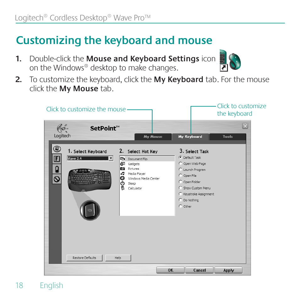 Customizing the keyboard and mouse | Logitech Cordless Desktop Wave Pro Ergonomic Keyboard and Mouse 920-000919 User Manual | Page 18 / 28