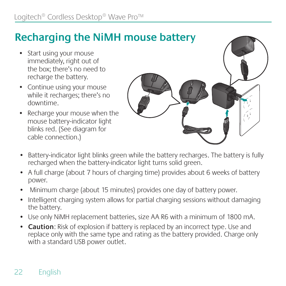 Recharging the nimh mouse battery | Logitech Cordless Desktop Wave Pro Ergonomic Keyboard and Mouse 920-000919 User Manual | Page 22 / 28