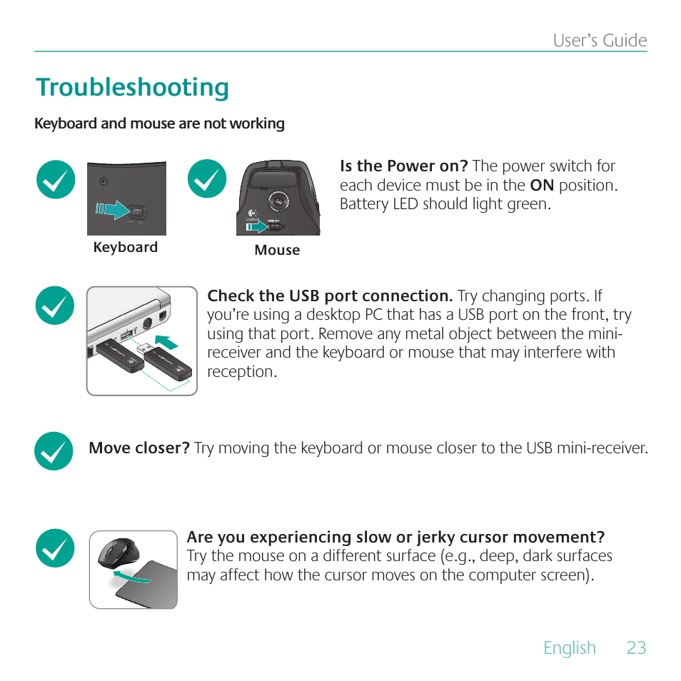 Troubleshooting | Logitech Cordless Desktop Wave Pro Ergonomic Keyboard and Mouse 920-000919 User Manual | Page 23 / 28