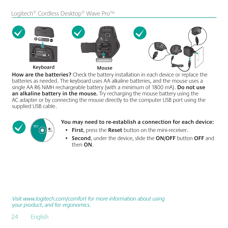 Logitech Cordless Desktop Wave Pro Ergonomic Keyboard and Mouse 920-000919 User Manual | Page 24 / 28