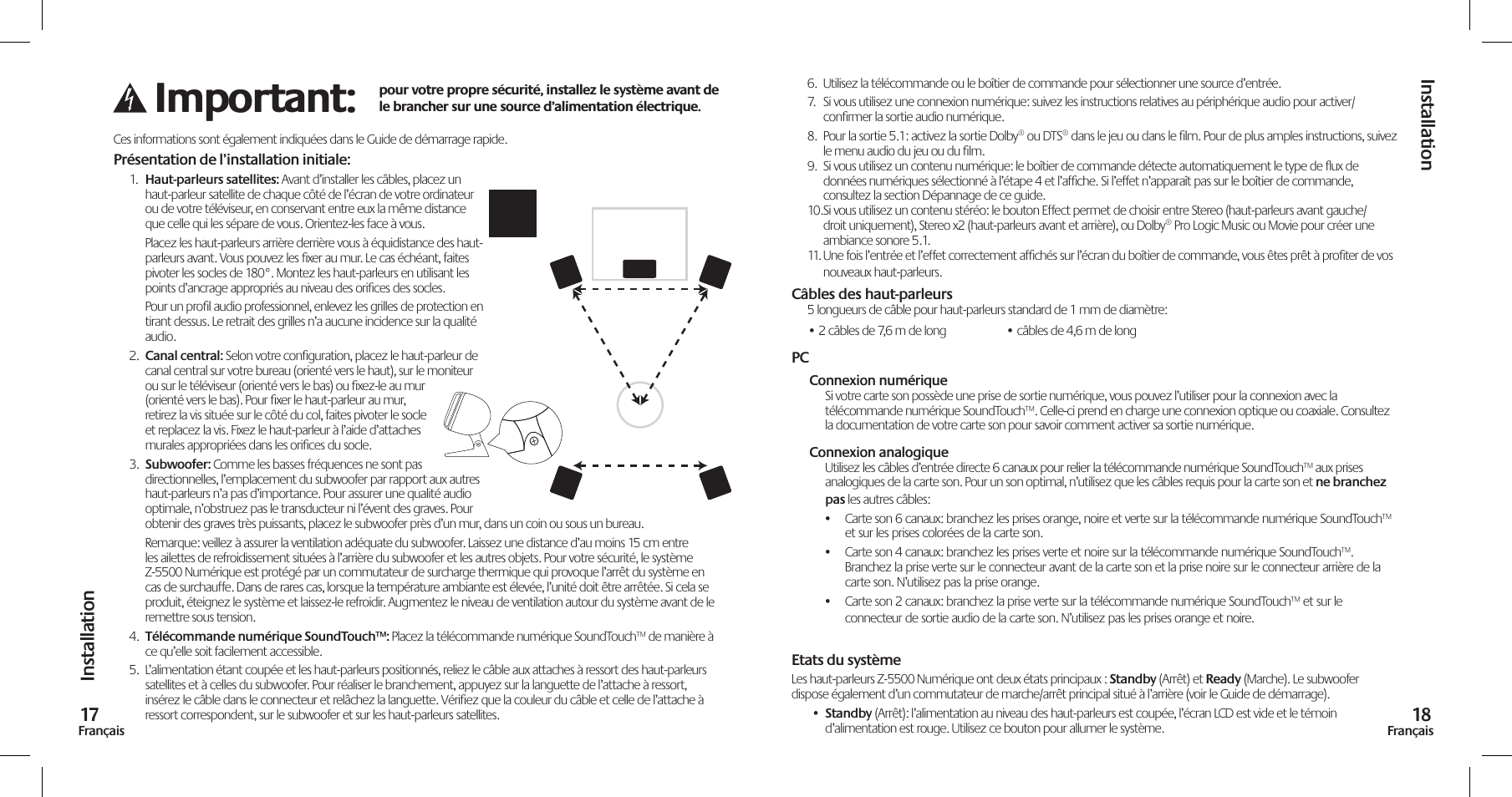 Important, Installation, Installation 17 | Logitech Z-5500 User Manual | Page 10 / 23