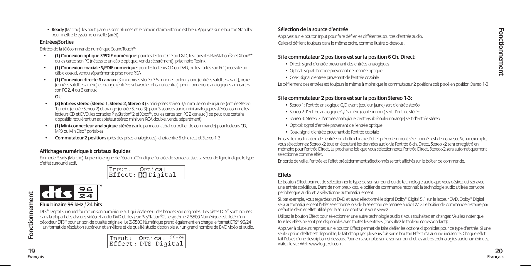 Fonctionnement, Fonctionnement 19 | Logitech Z-5500 User Manual | Page 11 / 23