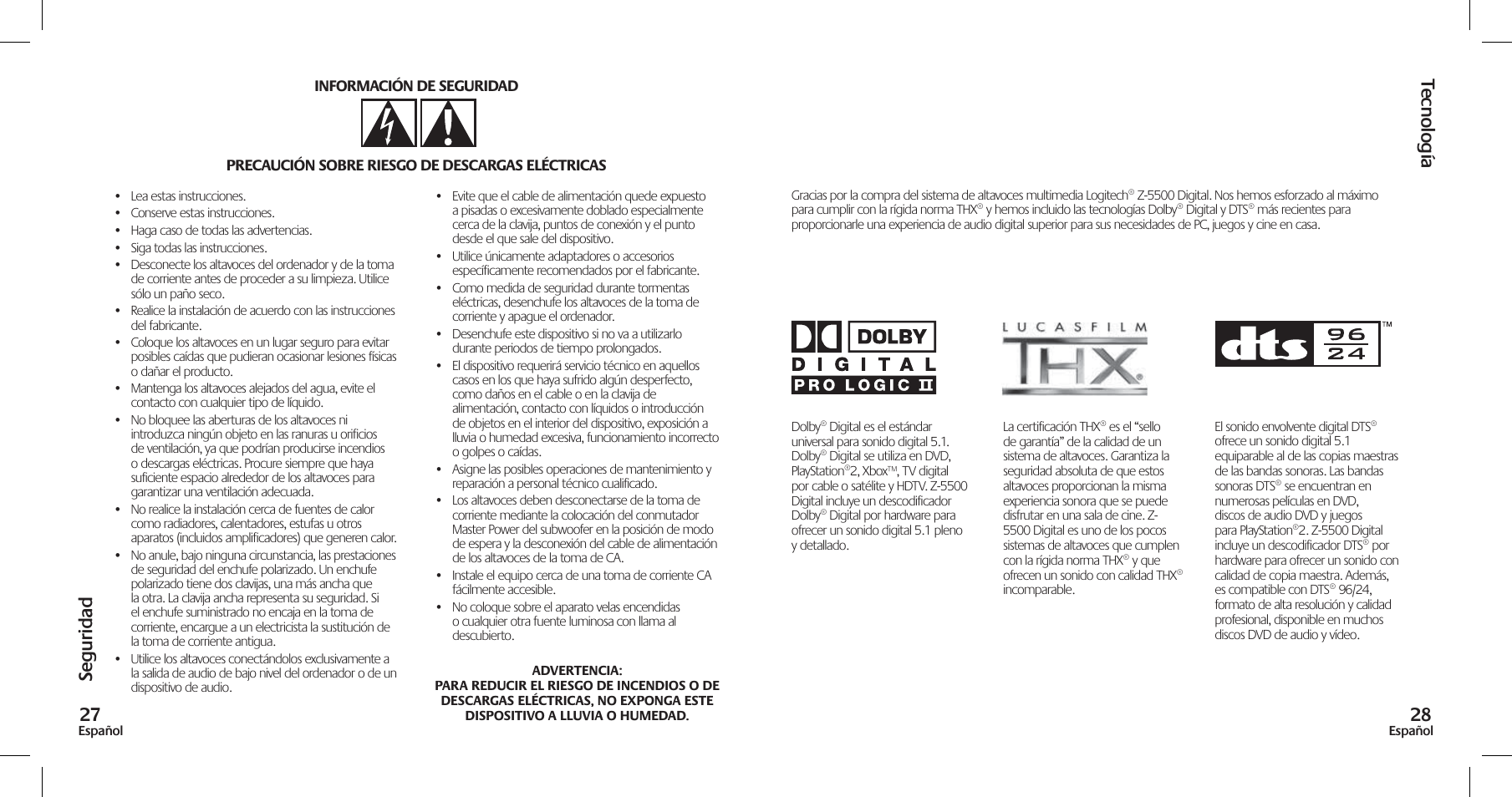 Seguridad, Tecnología 27 | Logitech Z-5500 User Manual | Page 15 / 23