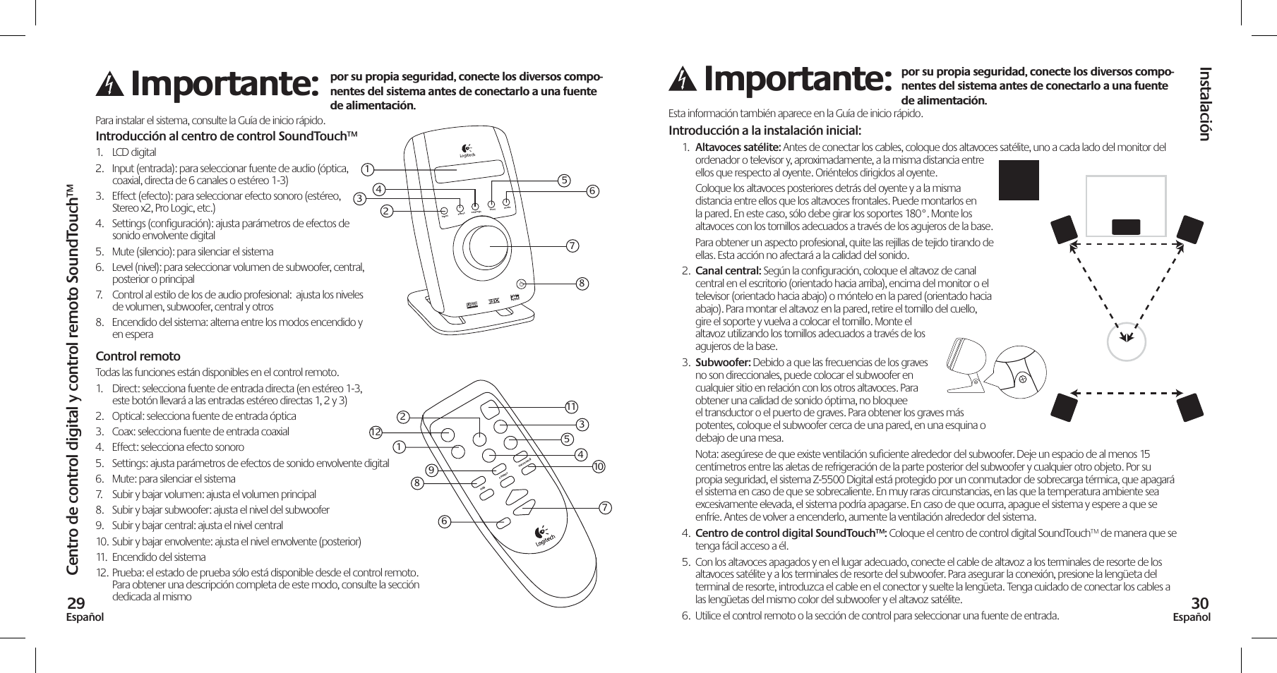 Importante, Instalación | Logitech Z-5500 User Manual | Page 16 / 23