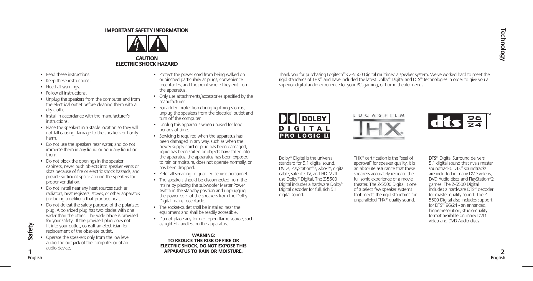 Saf ety, Te chnology 1 | Logitech Z-5500 User Manual | Page 2 / 23