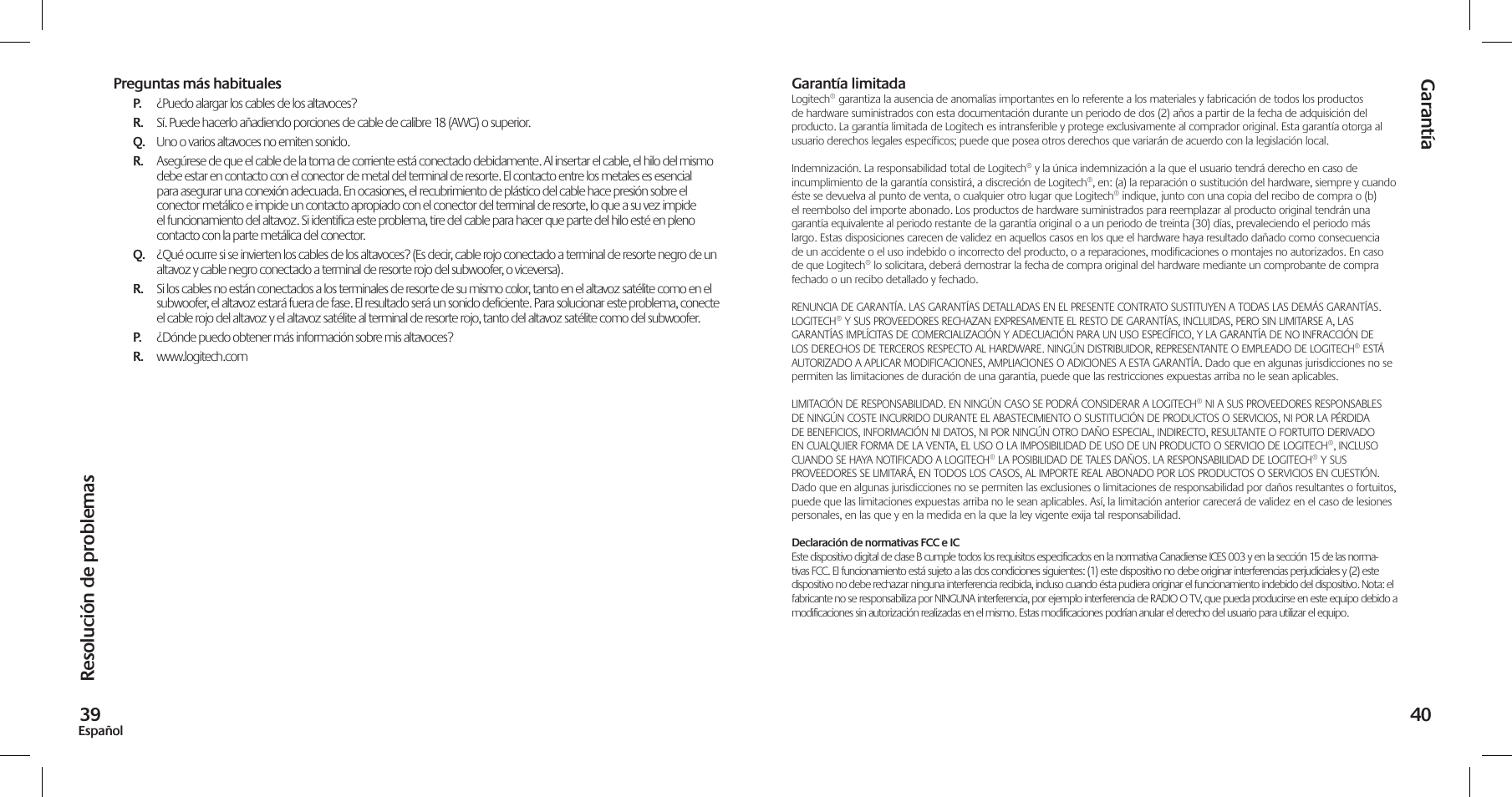 Resolución de pr oblemas 39, Gar antía | Logitech Z-5500 User Manual | Page 21 / 23