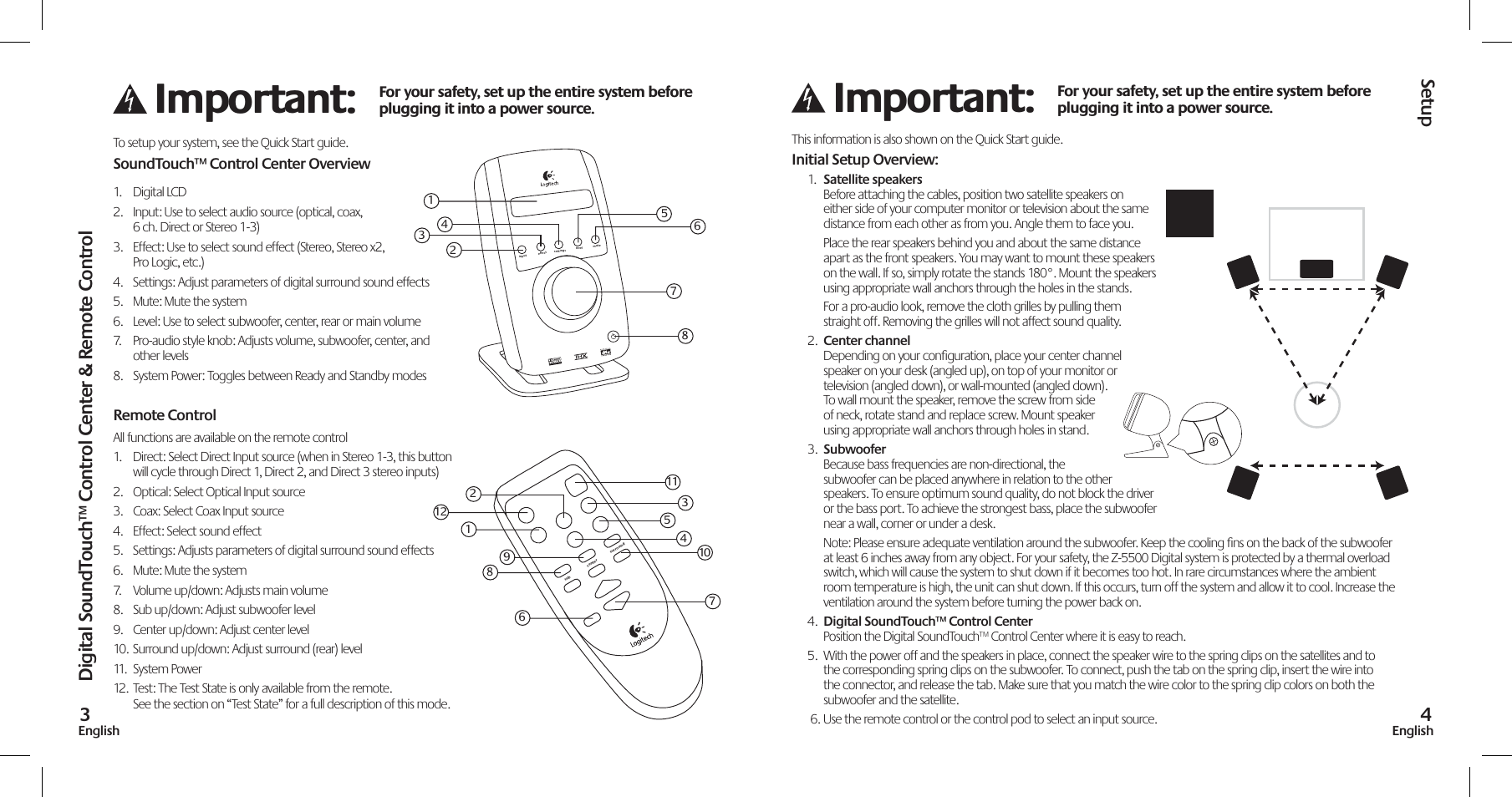 Important, Setup | Logitech Z-5500 User Manual | Page 3 / 23