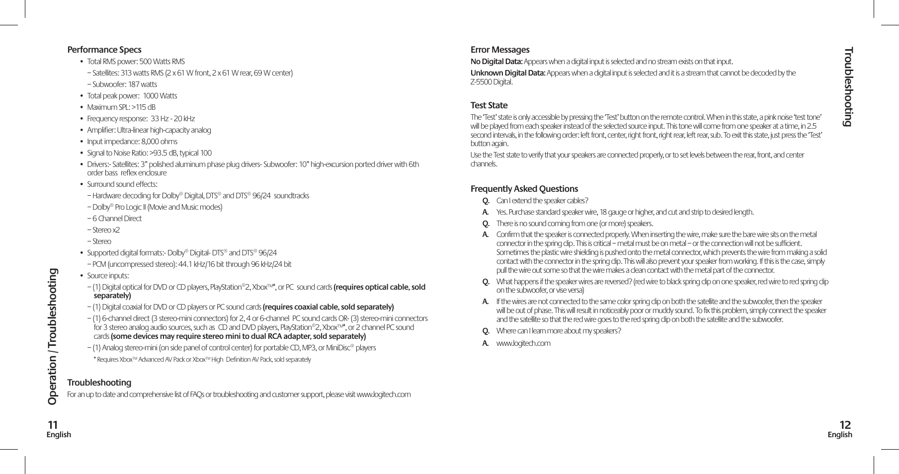 Oper ation / t roubleshooting tr oubleshooting 11 | Logitech Z-5500 User Manual | Page 7 / 23