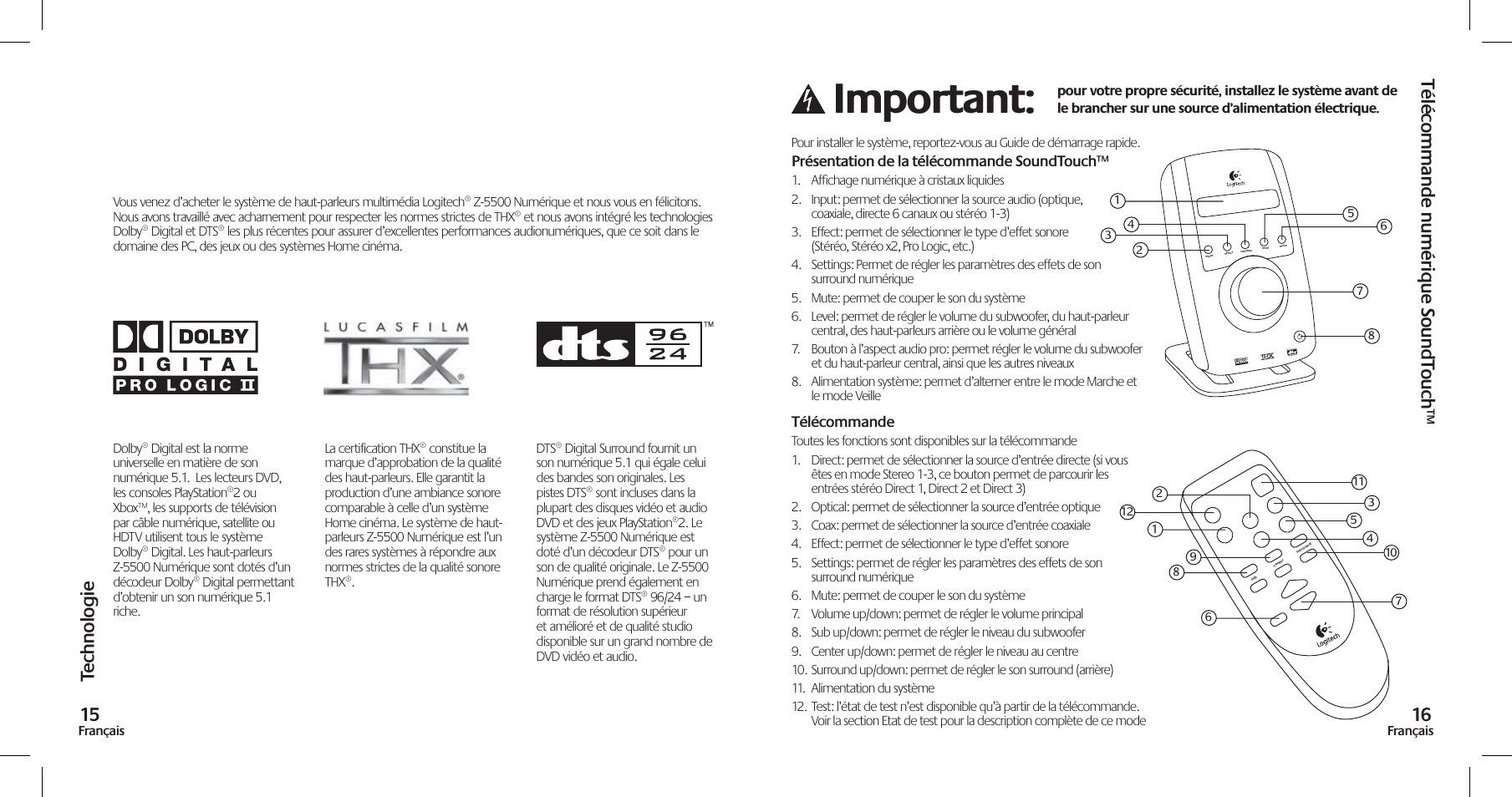 Important, Te chnologie, Télécommande numériq ue soundt ouc h | Logitech Z-5500 User Manual | Page 9 / 23