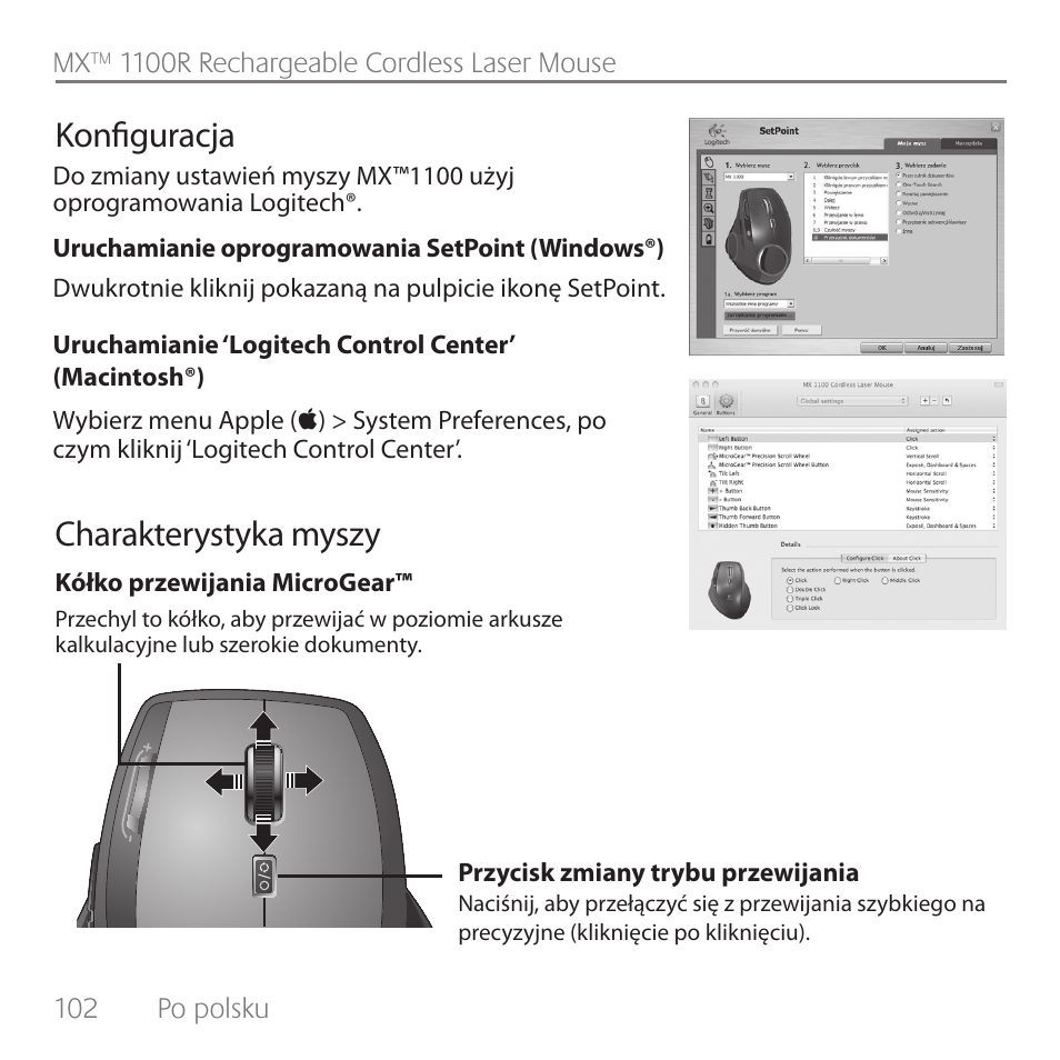 Konfiguracja charakterystyka myszy | Logitech Rechargeable Cordless Laser Mouse for Business 1100R User Manual | Page 102 / 112