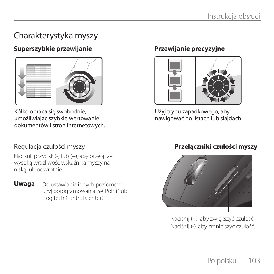 Charakterystyka myszy, Po polsku, 103 instrukcja obsługi | Logitech Rechargeable Cordless Laser Mouse for Business 1100R User Manual | Page 103 / 112