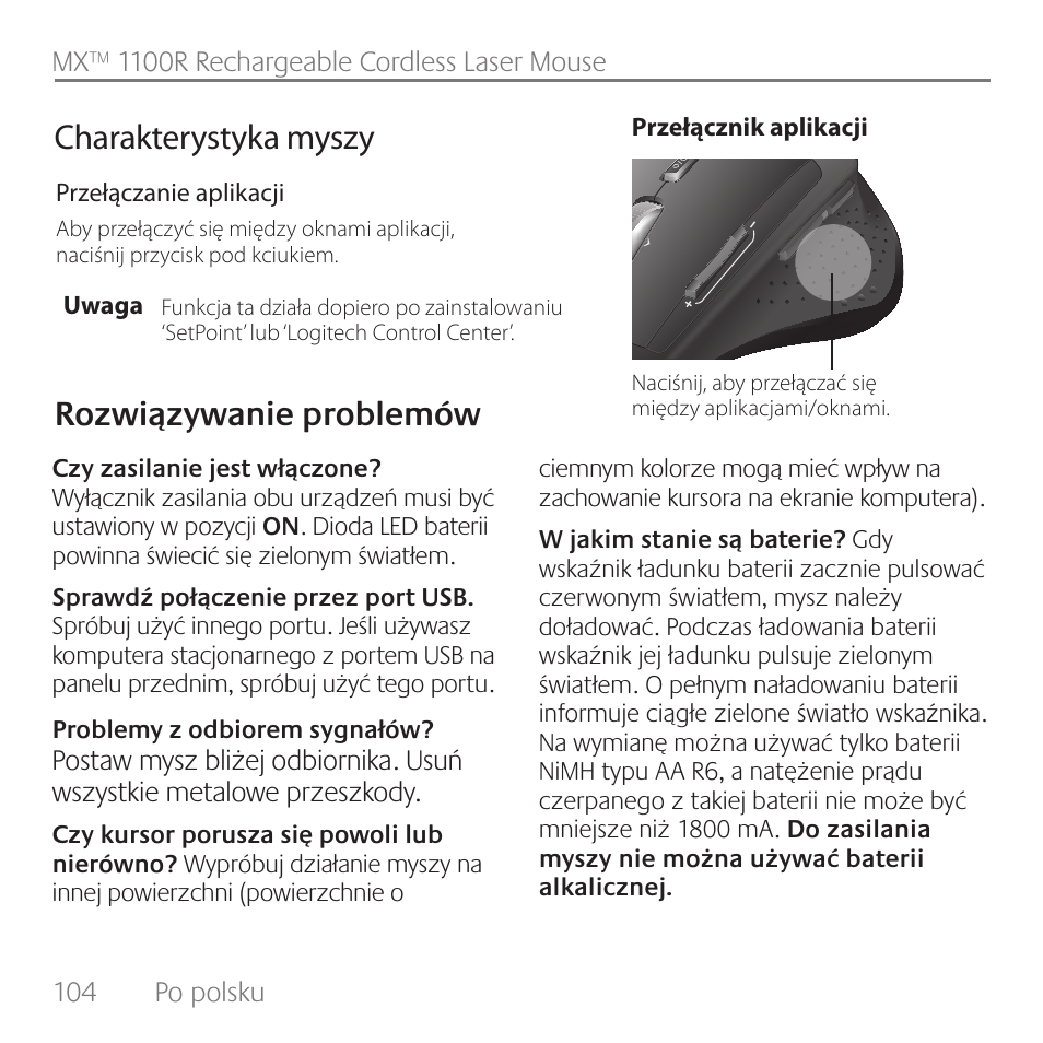 Charakterystyka myszy, Rozwiązywanie problemów | Logitech Rechargeable Cordless Laser Mouse for Business 1100R User Manual | Page 104 / 112