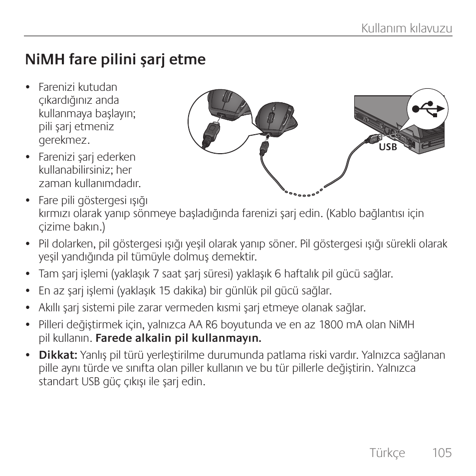 Nimh fare pilini şarj etme | Logitech Rechargeable Cordless Laser Mouse for Business 1100R User Manual | Page 105 / 112