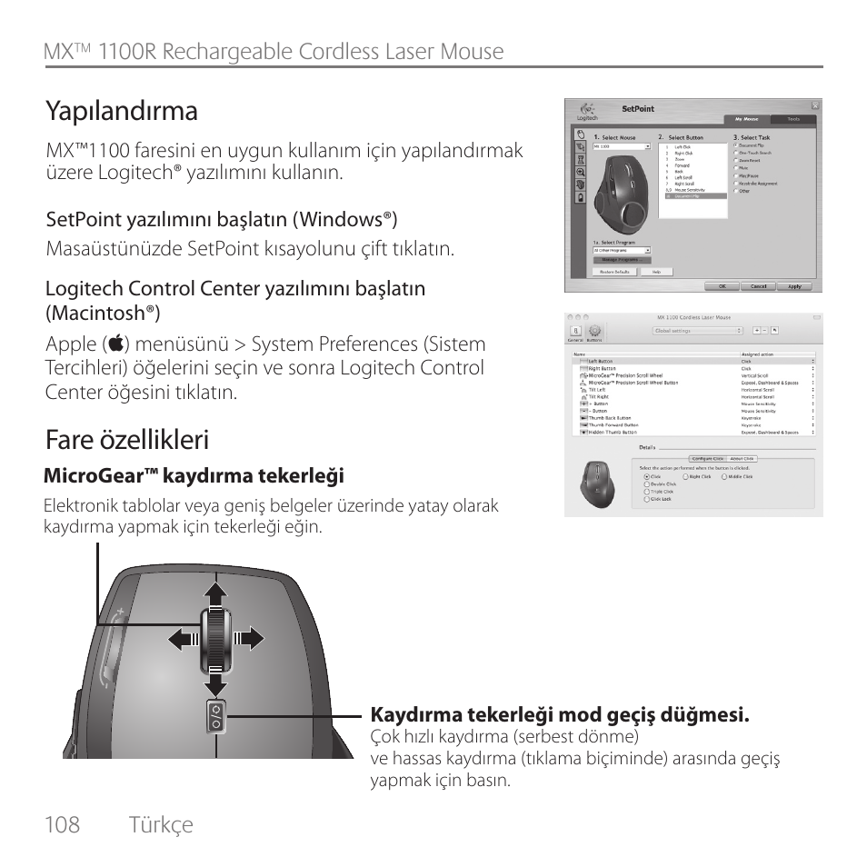 Yapılandırma, Fare özellikleri | Logitech Rechargeable Cordless Laser Mouse for Business 1100R User Manual | Page 108 / 112