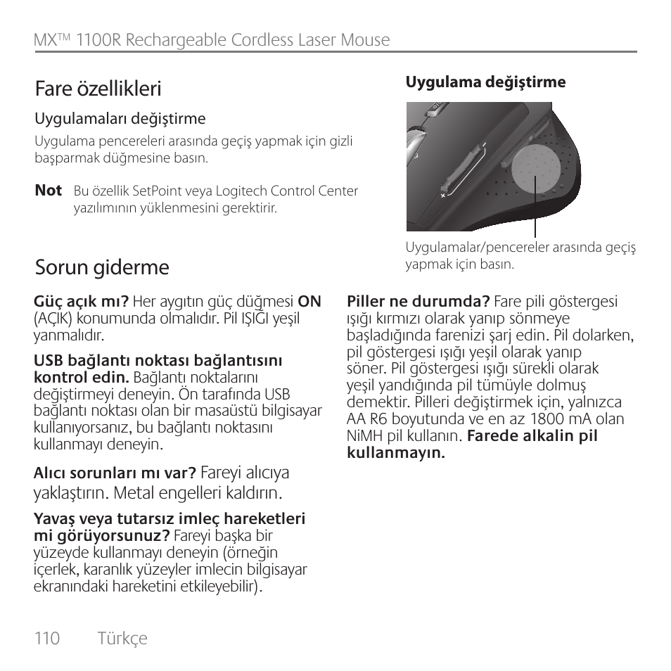 Fare özellikleri, Sorun giderme | Logitech Rechargeable Cordless Laser Mouse for Business 1100R User Manual | Page 110 / 112