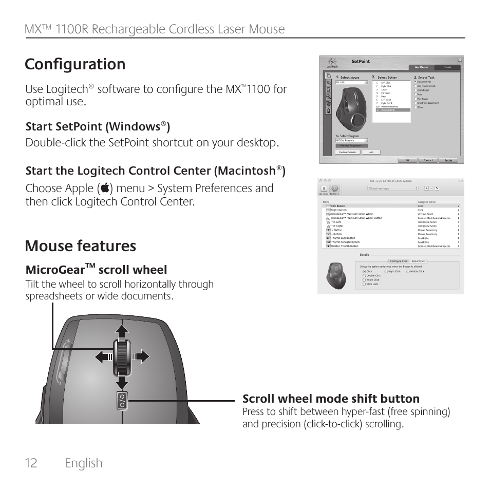 Configuration, Mouse features | Logitech Rechargeable Cordless Laser Mouse for Business 1100R User Manual | Page 12 / 112