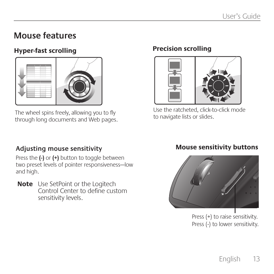 Mouse features, User’s guide english | Logitech Rechargeable Cordless Laser Mouse for Business 1100R User Manual | Page 13 / 112